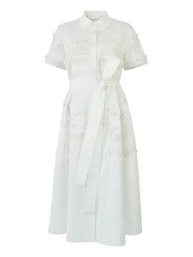 Grecian Embroidered Short-Sleeve Midi Shirtdress With Belt Grecian Embroidered Short-Sleeve Midi Shirtdress With Belt