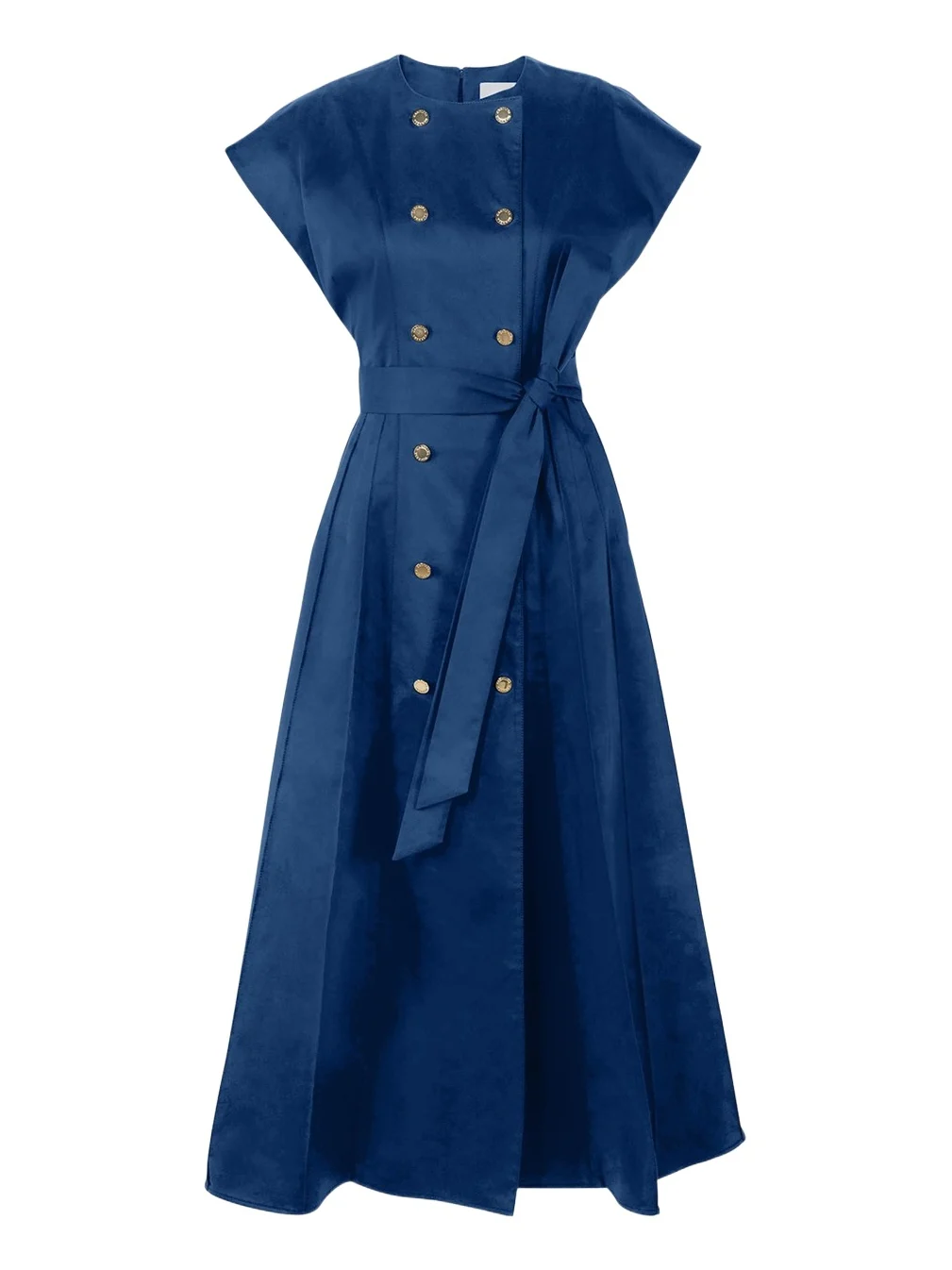 Double-Breasted Cap-Sleeve Belted Midi Dress