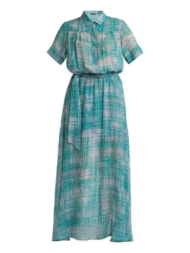 Kiton Check Silk Georgette Short-Sleeve Maxi Shirtdress