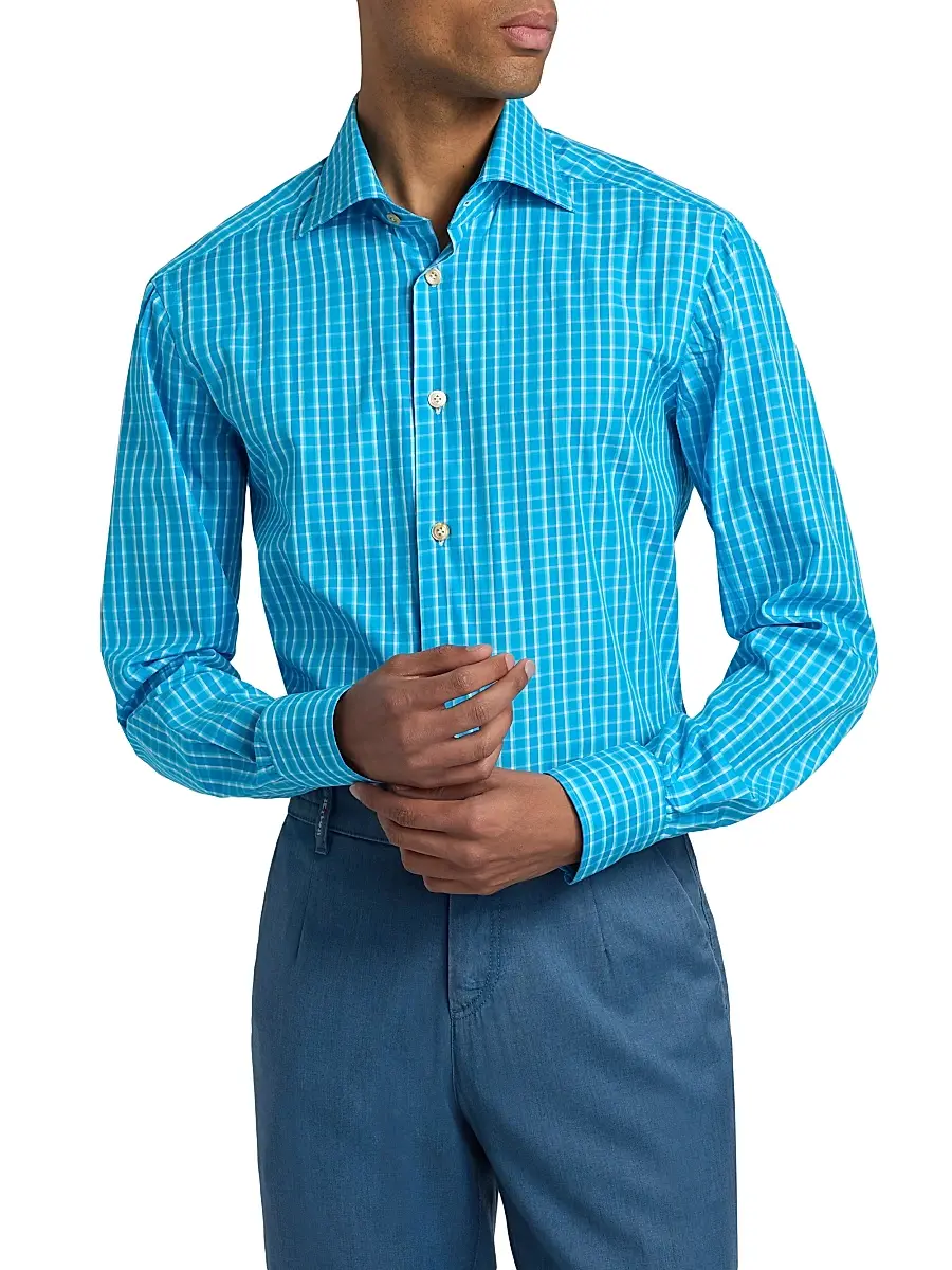 Kiton Men's Plaid Cotton Shirt | Thumbnail 3 Kiton Men's Plaid Cotton Shirt | Thumbnail 3