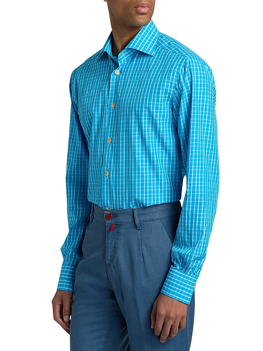 Kiton Men's Plaid Cotton Shirt | Thumbnail 4 Kiton Men's Plaid Cotton Shirt | Thumbnail 4