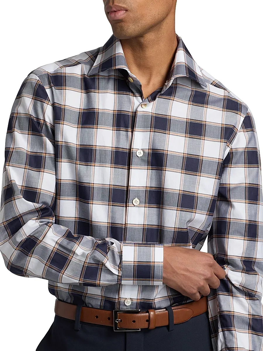 Kiton Men's Bold Plaid Cotton Shirt | Thumbnail 6 Kiton Men's Bold Plaid Cotton Shirt | Thumbnail 6