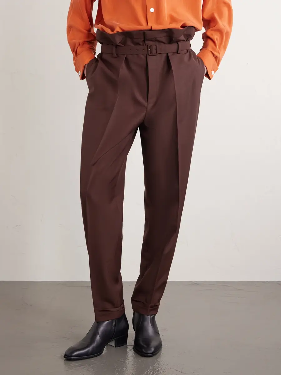 Saint Laurent Tapered Belted Pleated Wool and Mohair-Blend Trousers - Men | Thumbnail 3 Saint Laurent Tapered Belted Pleated Wool and Mohair-Blend Trousers - Men | Thumbnail 3
