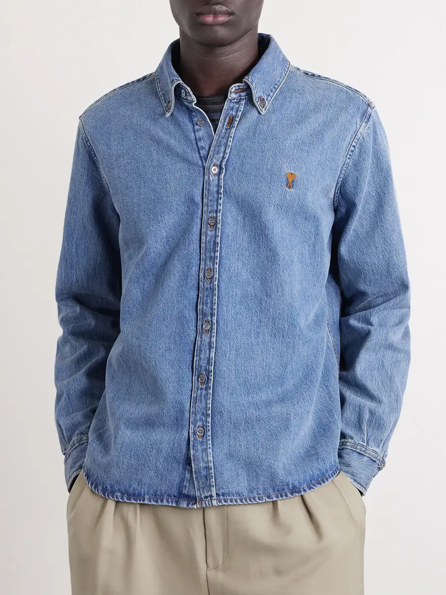 AMI PARIS Button-Down Collar Logo-Embroidered Denim Shirt - Men | Thumbnail 3