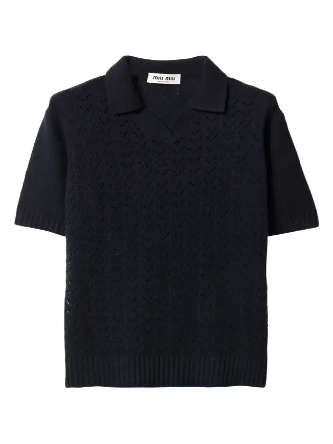 Pointelle Cashmere Knit Short-Sleeve Polo Sweater Pointelle Cashmere Knit Short-Sleeve Polo Sweater