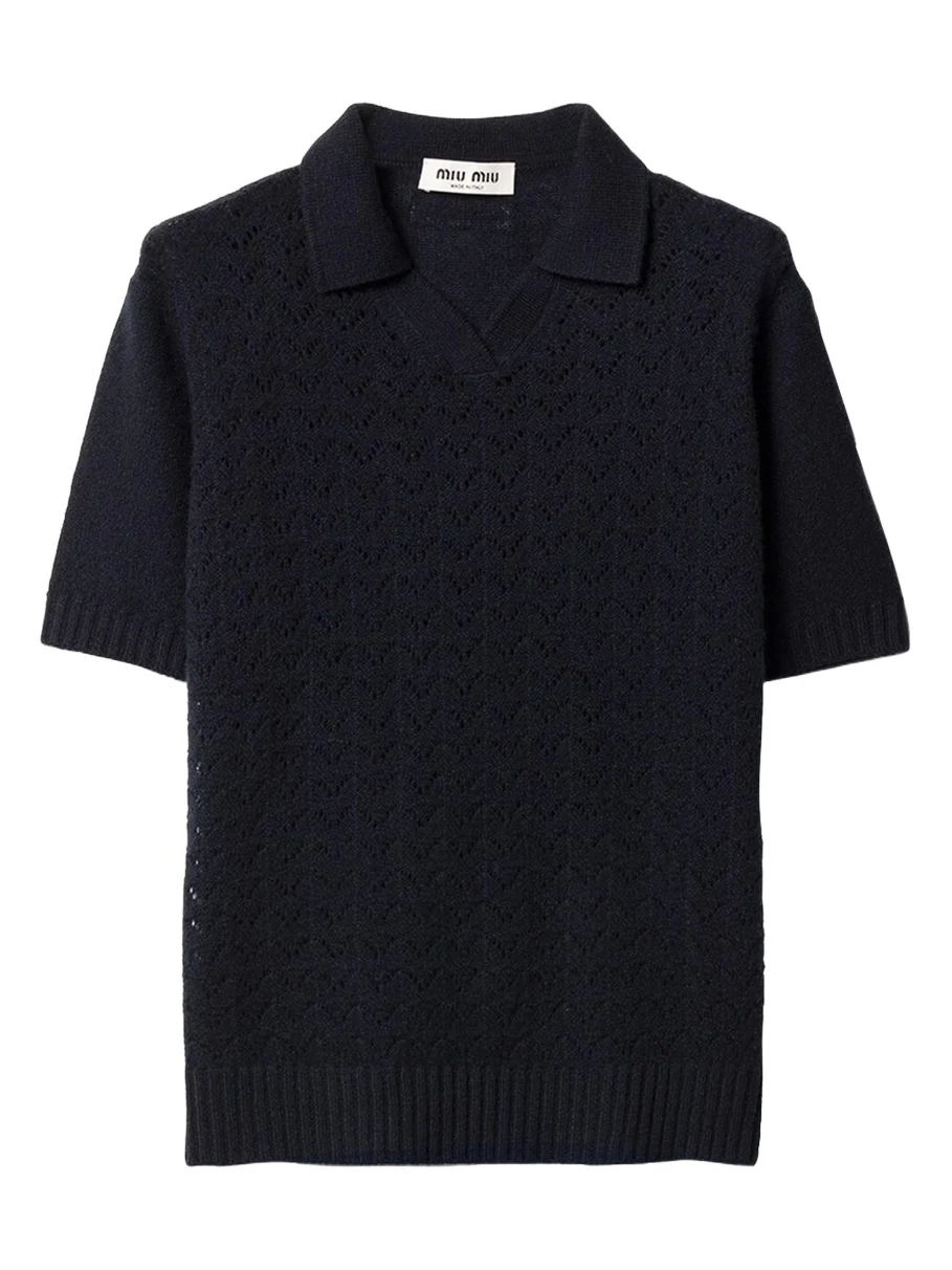 Pointelle Cashmere Knit Short-Sleeve Polo Sweater