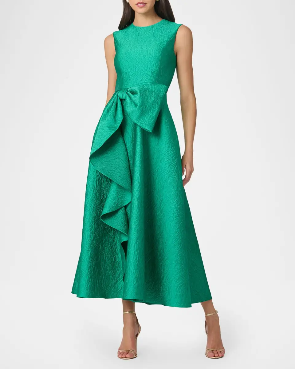 Shoshanna Laura Sleeveless Bow Draped Jacquard Midi Dress | Thumbnail 2 Shoshanna Laura Sleeveless Bow Draped Jacquard Midi Dress | Thumbnail 2