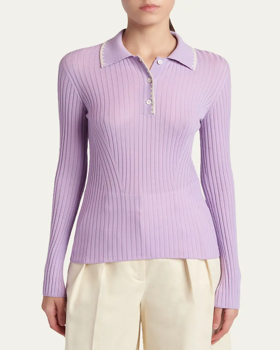 Moncler Long-Sleeve Rib-Knit Polo | Thumbnail 4 Moncler Long-Sleeve Rib-Knit Polo | Thumbnail 4