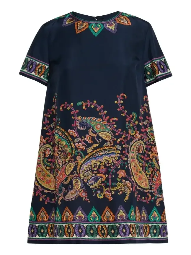 Paisley Silk Habotai Short-Sleeve Mini Tunic Dress Paisley Silk Habotai Short-Sleeve Mini Tunic Dress