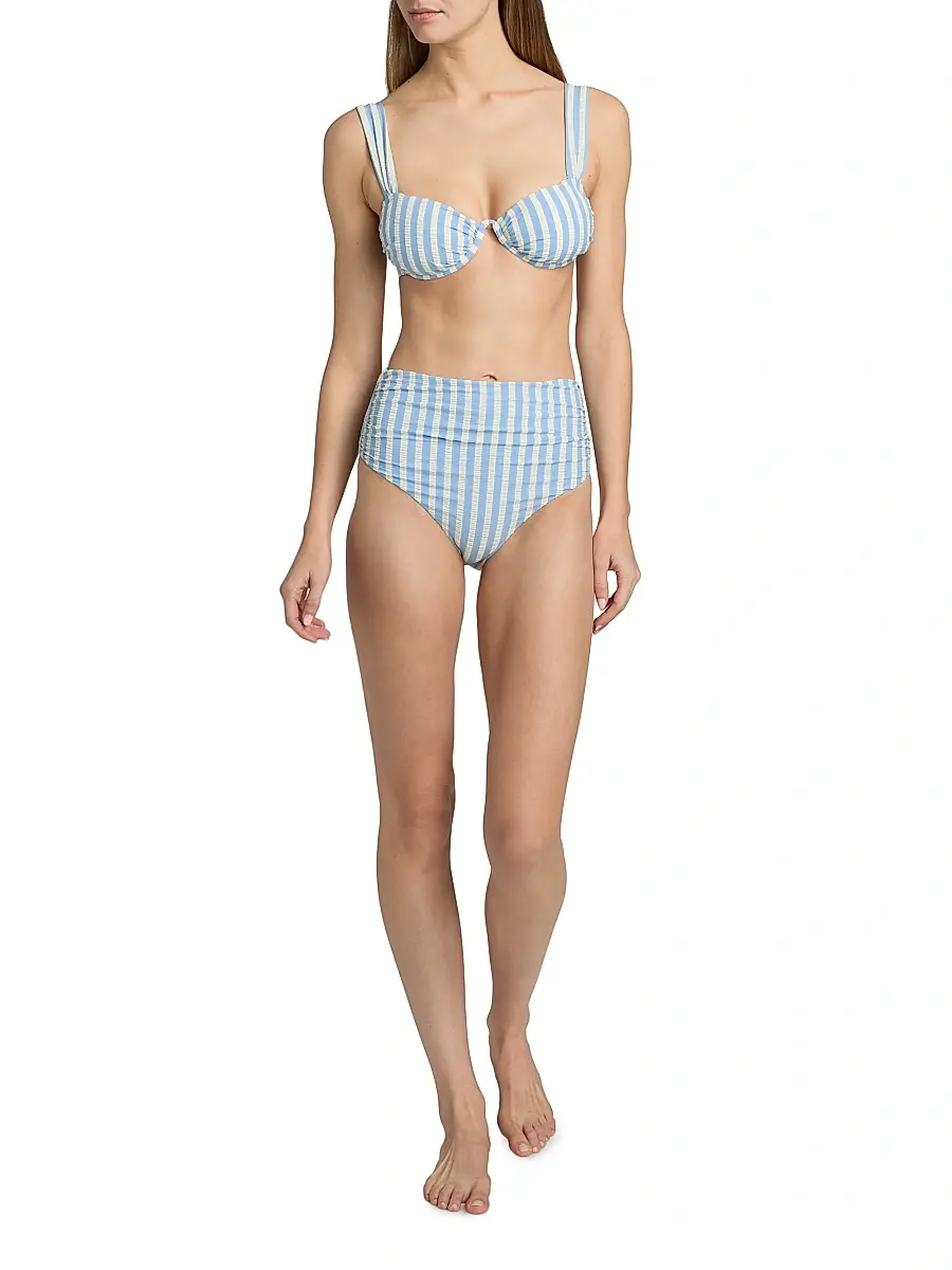 Simkhai Women's Teya Ruched Striped High-Rise Bikini Bottom | Thumbnail 2