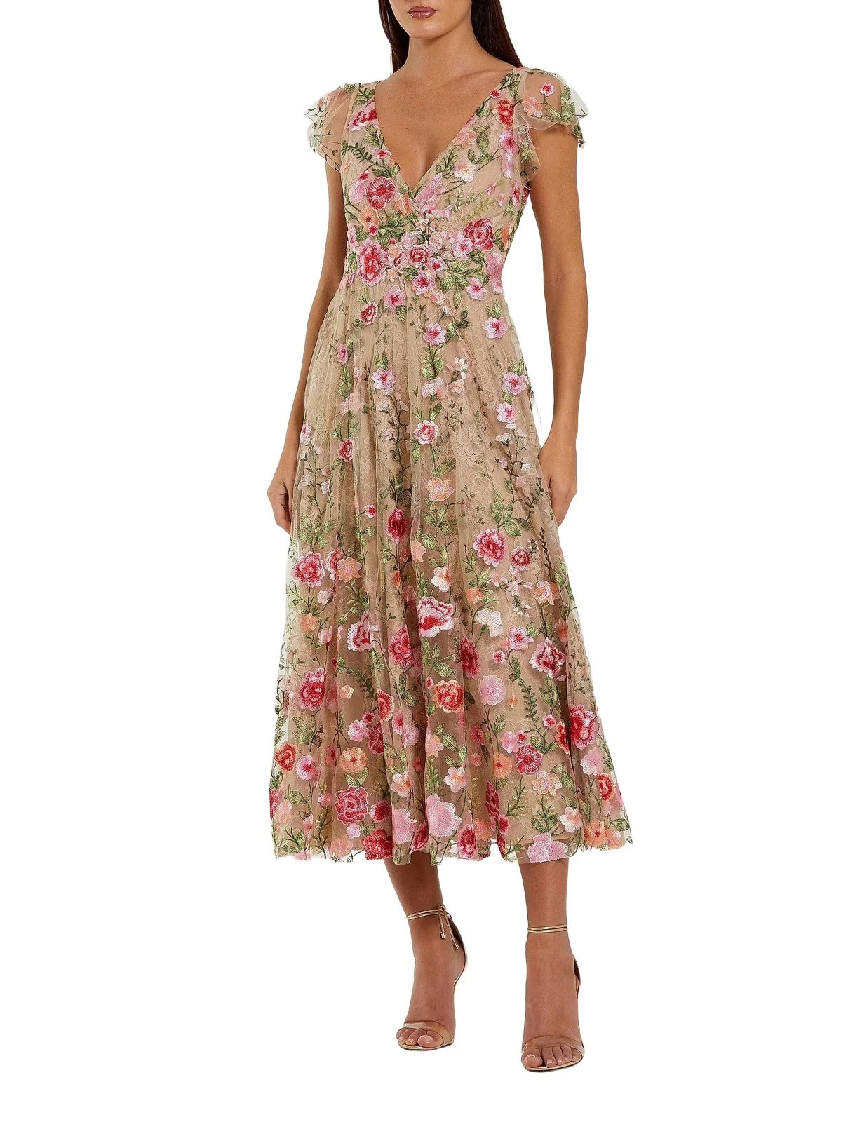 Women's Floral Embroidered Mesh V-Neck Midi-Dress Women's Floral Embroidered Mesh V-Neck Midi-Dress