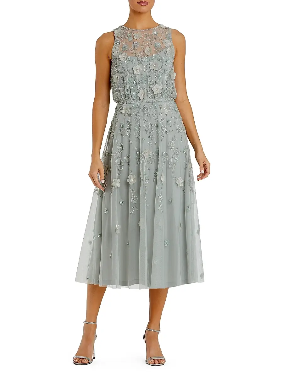 Mac Duggal Women's Floral Embellished Mesh A-Line Midi-Dress - Sage | Image 1 Mac Duggal Women's Floral Embellished Mesh A-Line Midi-Dress - Sage | Image 1