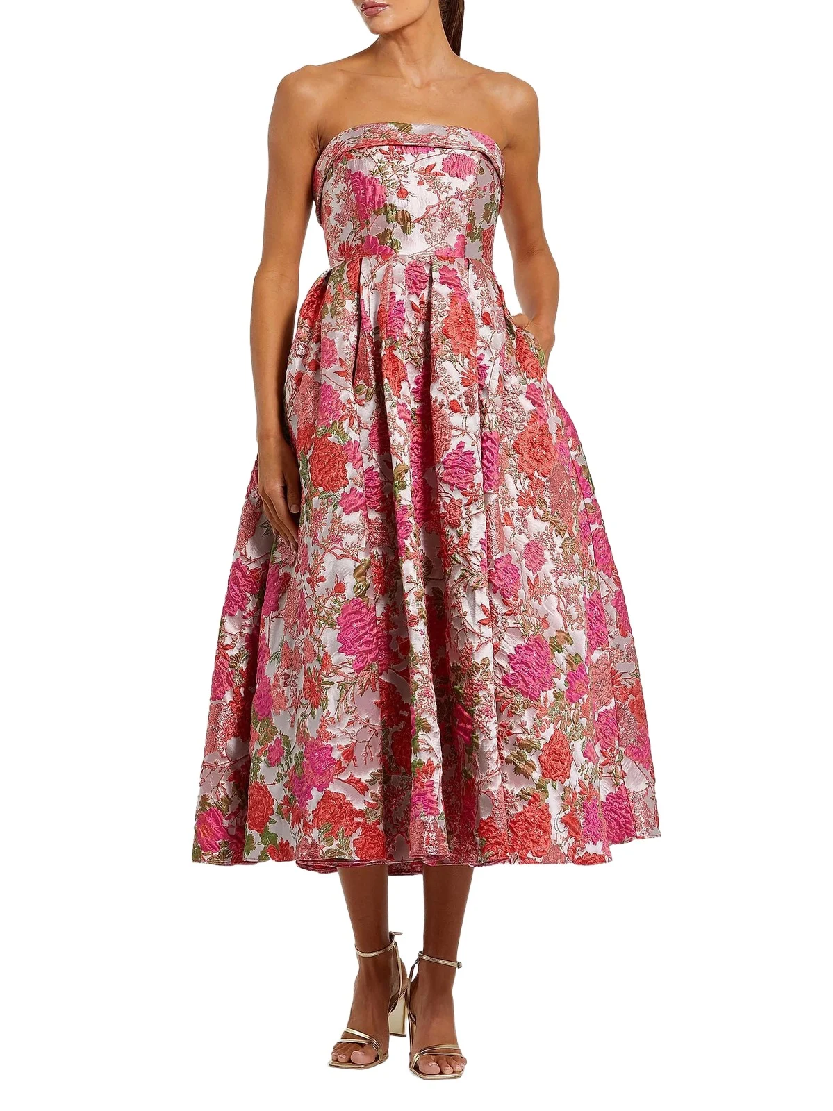 Women's Floral Brocade Fit-&-Flare Strapless Midi-Dress Women's Floral Brocade Fit-&-Flare Strapless Midi-Dress