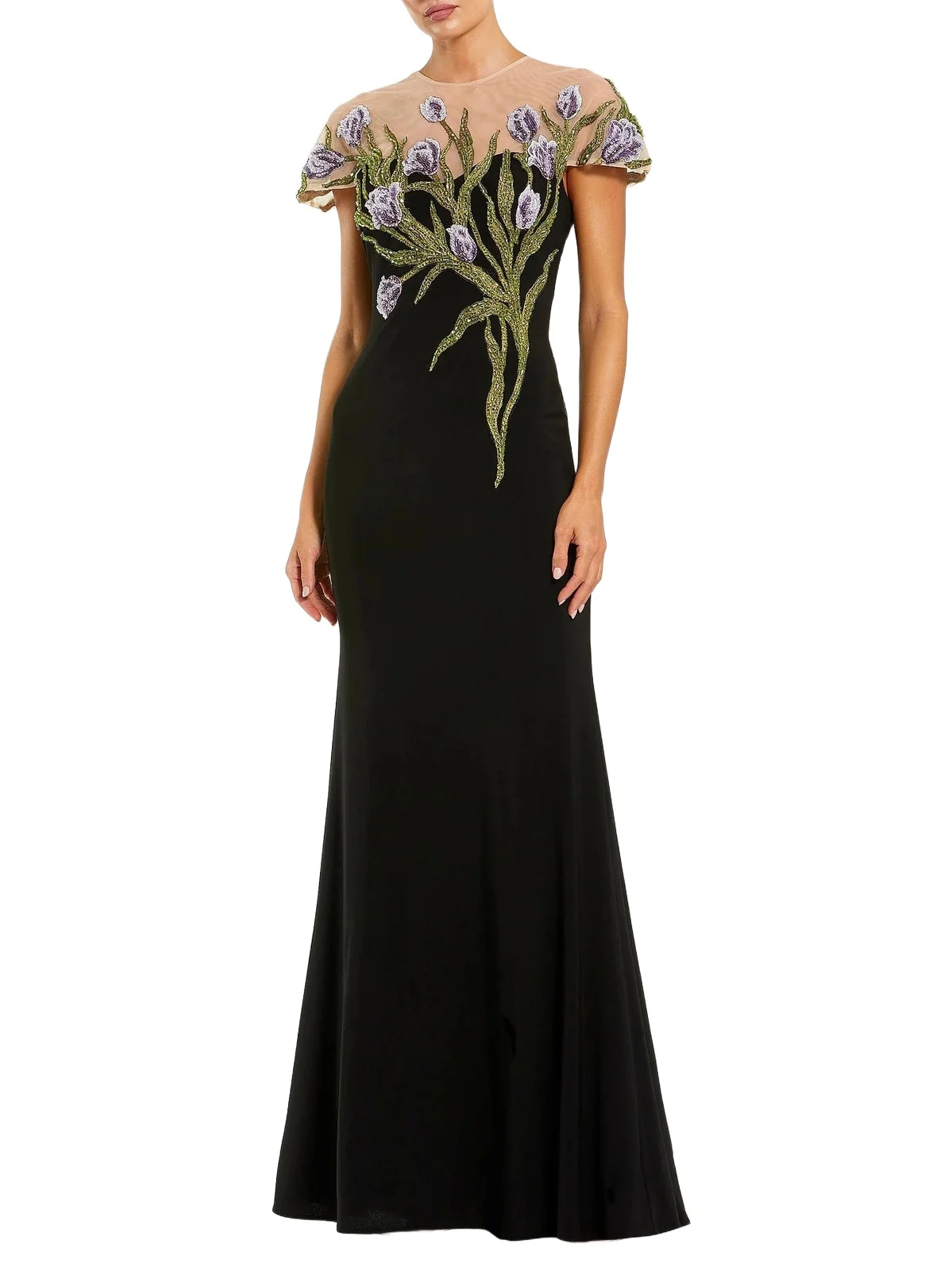 Women's Petite Floral-Embroidered Illusion Neck Mermaid Gown Women's Petite Floral-Embroidered Illusion Neck Mermaid Gown