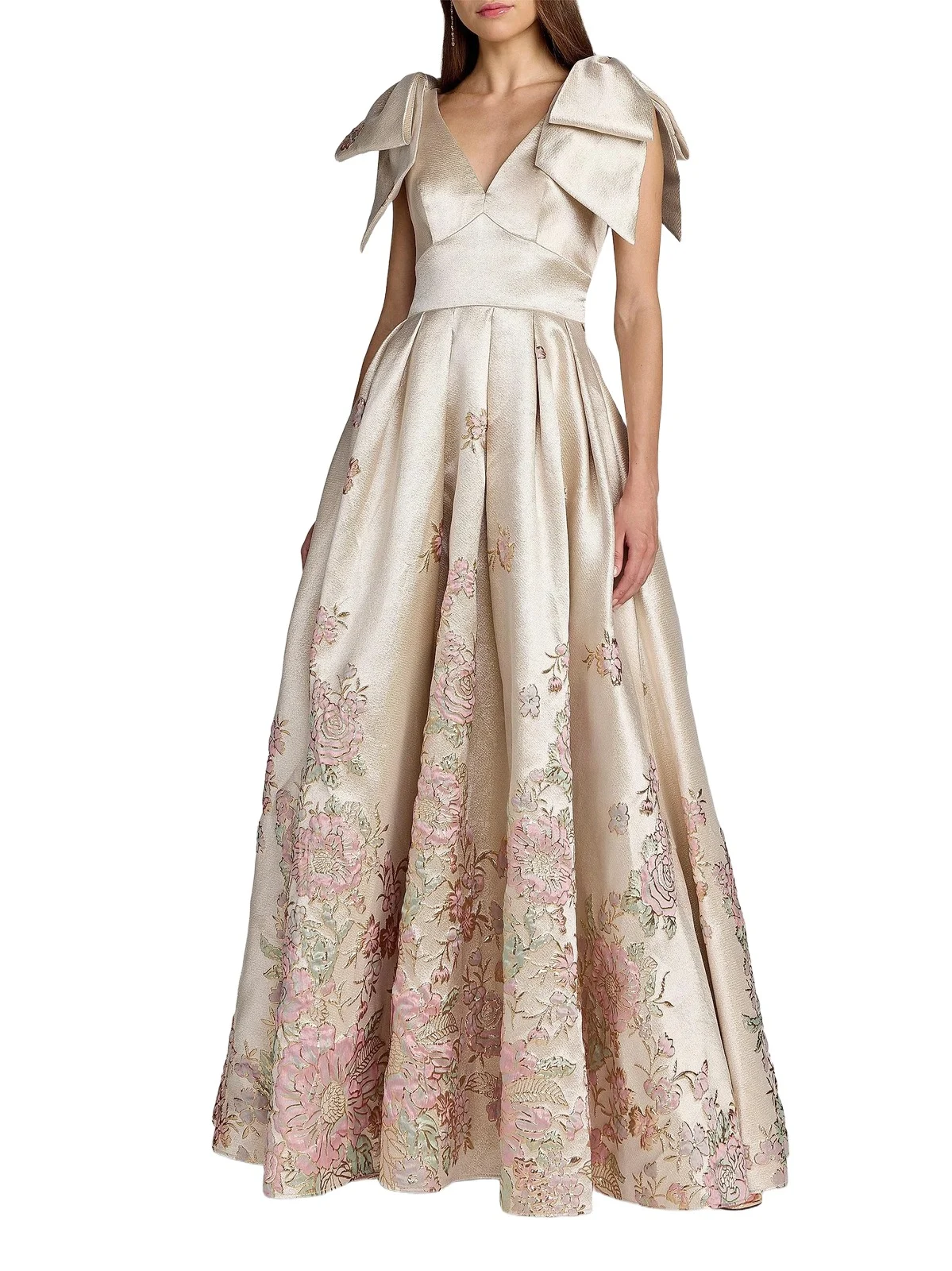 Women's Floral Brocade Bow V-Neck Gown Women's Floral Brocade Bow V-Neck Gown