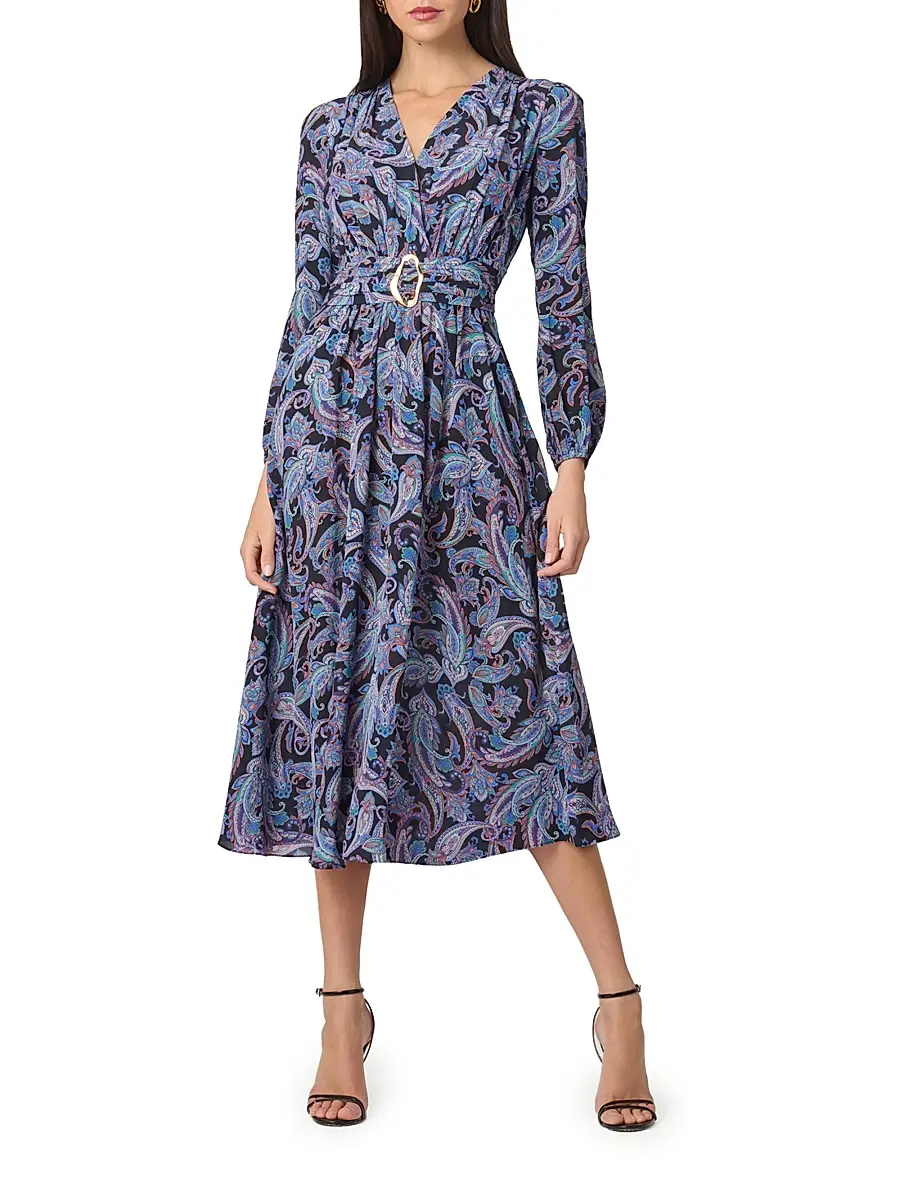 Shoshanna Women's Kendall Belted Paisley A-Line Midi-Dress | Thumbnail 2 Shoshanna Women's Kendall Belted Paisley A-Line Midi-Dress | Thumbnail 2