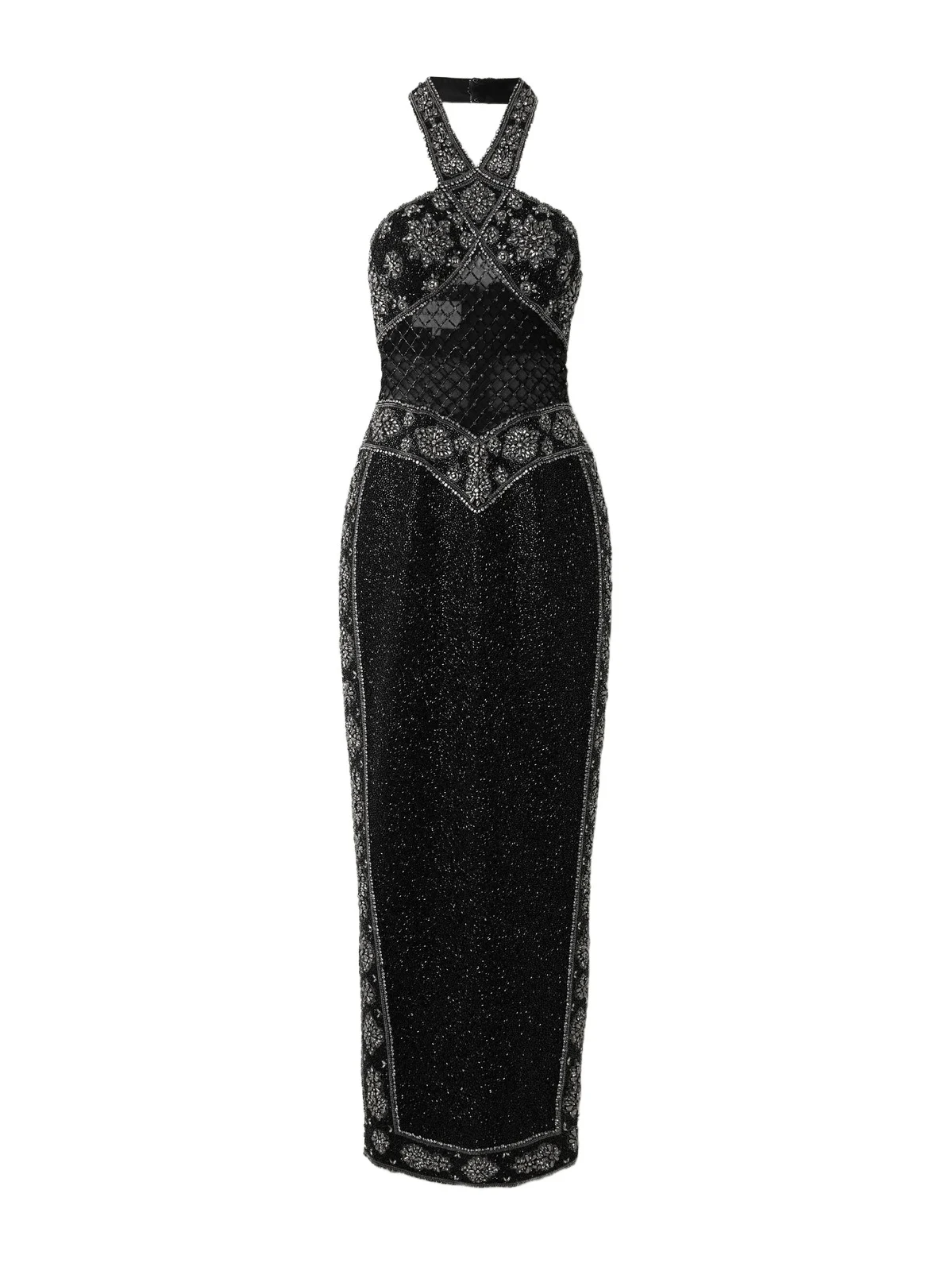 Cyndi Cutout Embellished Mesh Halterneck Gown