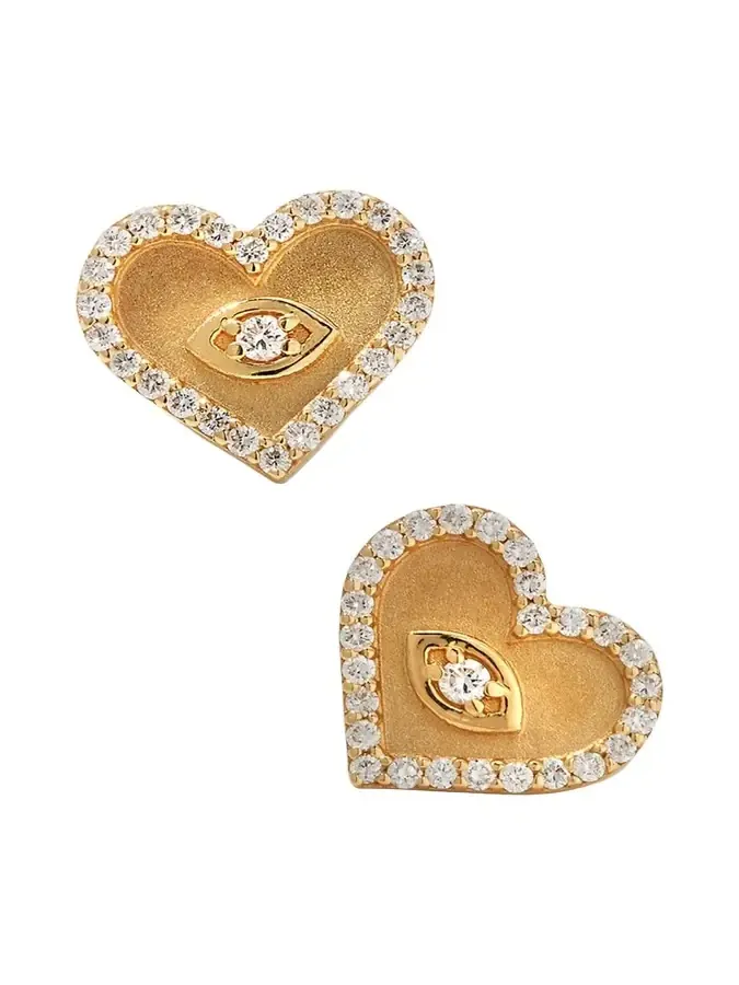 Yellow Gold Small Heart Earrings with Marquise Eye Yellow Gold Small Heart Earrings with Marquise Eye