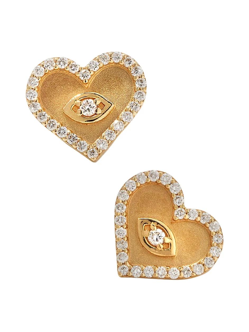 Yellow Gold Small Heart Earrings with Marquise Eye Yellow Gold Small Heart Earrings with Marquise Eye