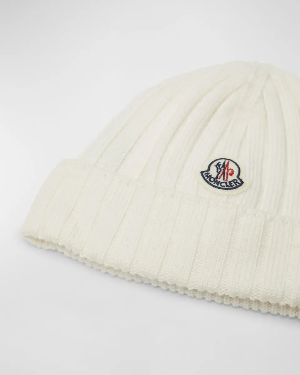 Moncler Girl's Ribbed Wool Beanie with Logo Patch, Size X-XS | Thumbnail 2