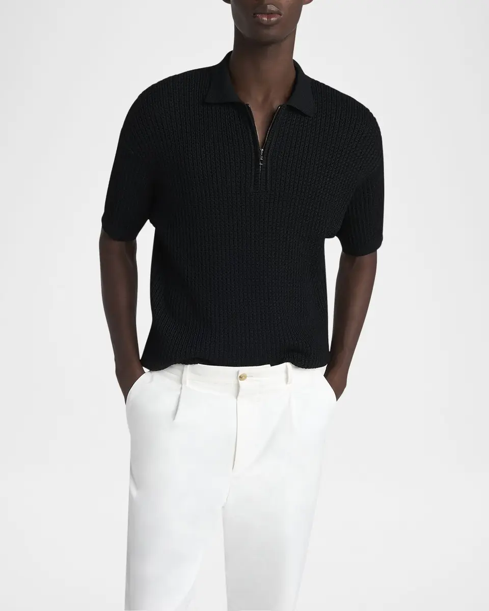 Giorgio Armani Men's Textured Knit Short-Sleeve Quarter-Zip Polo Sweater | Thumbnail 4 Giorgio Armani Men's Textured Knit Short-Sleeve Quarter-Zip Polo Sweater | Thumbnail 4