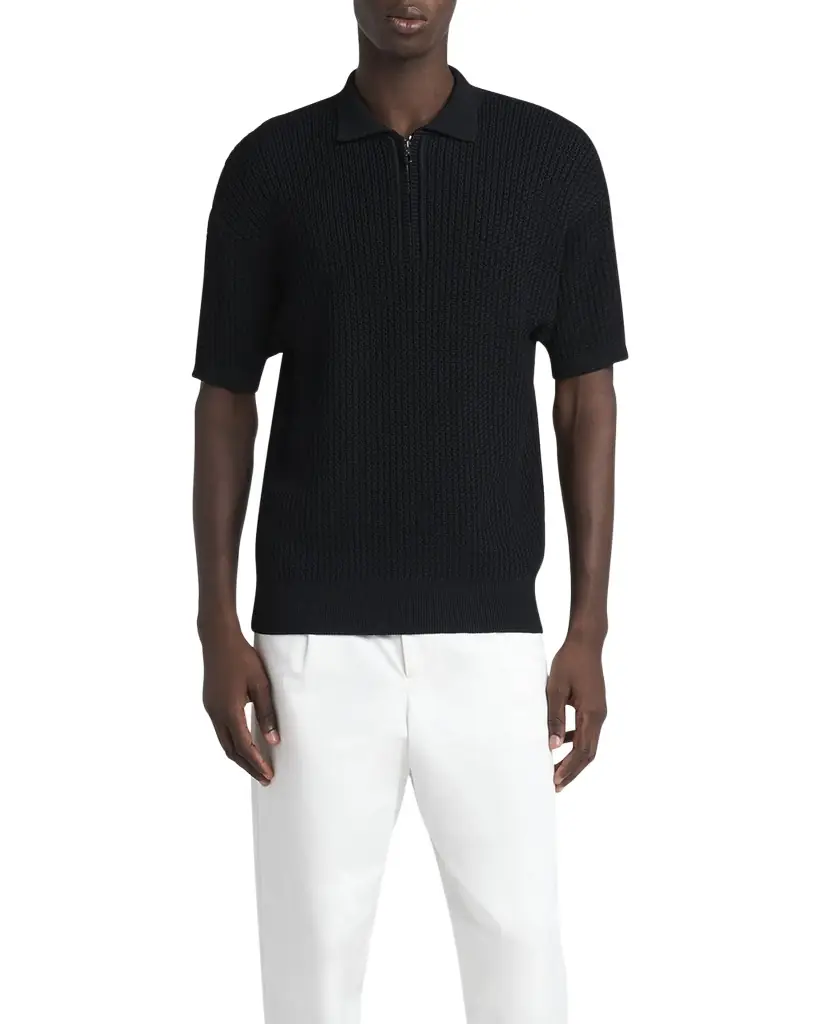 Giorgio Armani Men's Textured Knit Short-Sleeve Quarter-Zip Polo Sweater | Image 1 Giorgio Armani Men's Textured Knit Short-Sleeve Quarter-Zip Polo Sweater | Image 1