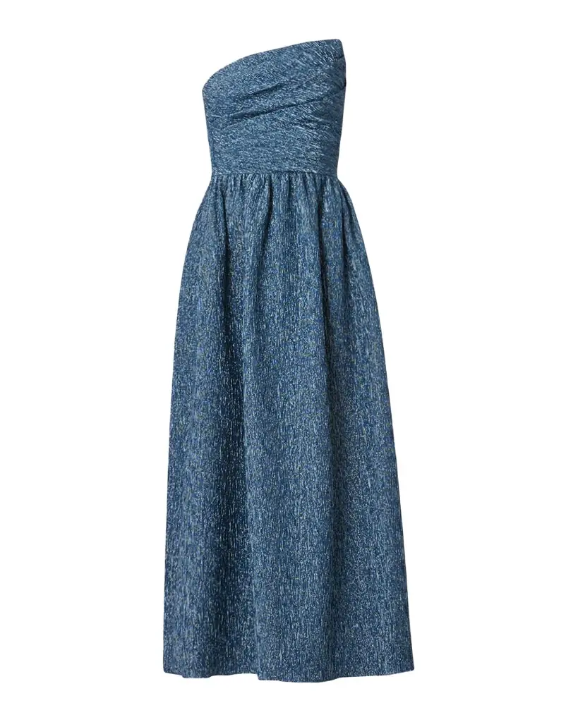 Shoshanna Sanders Strapless Pleated Jacquard Midi Dress | Image 1 Shoshanna Sanders Strapless Pleated Jacquard Midi Dress | Image 1