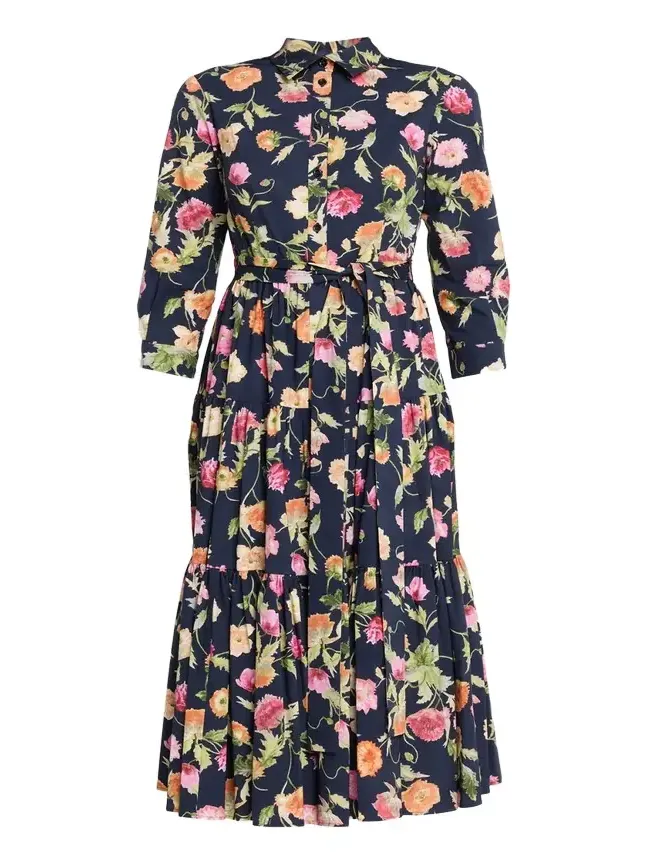 Belted 3/4-Sleeve Floral Cotton Midi Shirt Dress Belted 3/4-Sleeve Floral Cotton Midi Shirt Dress