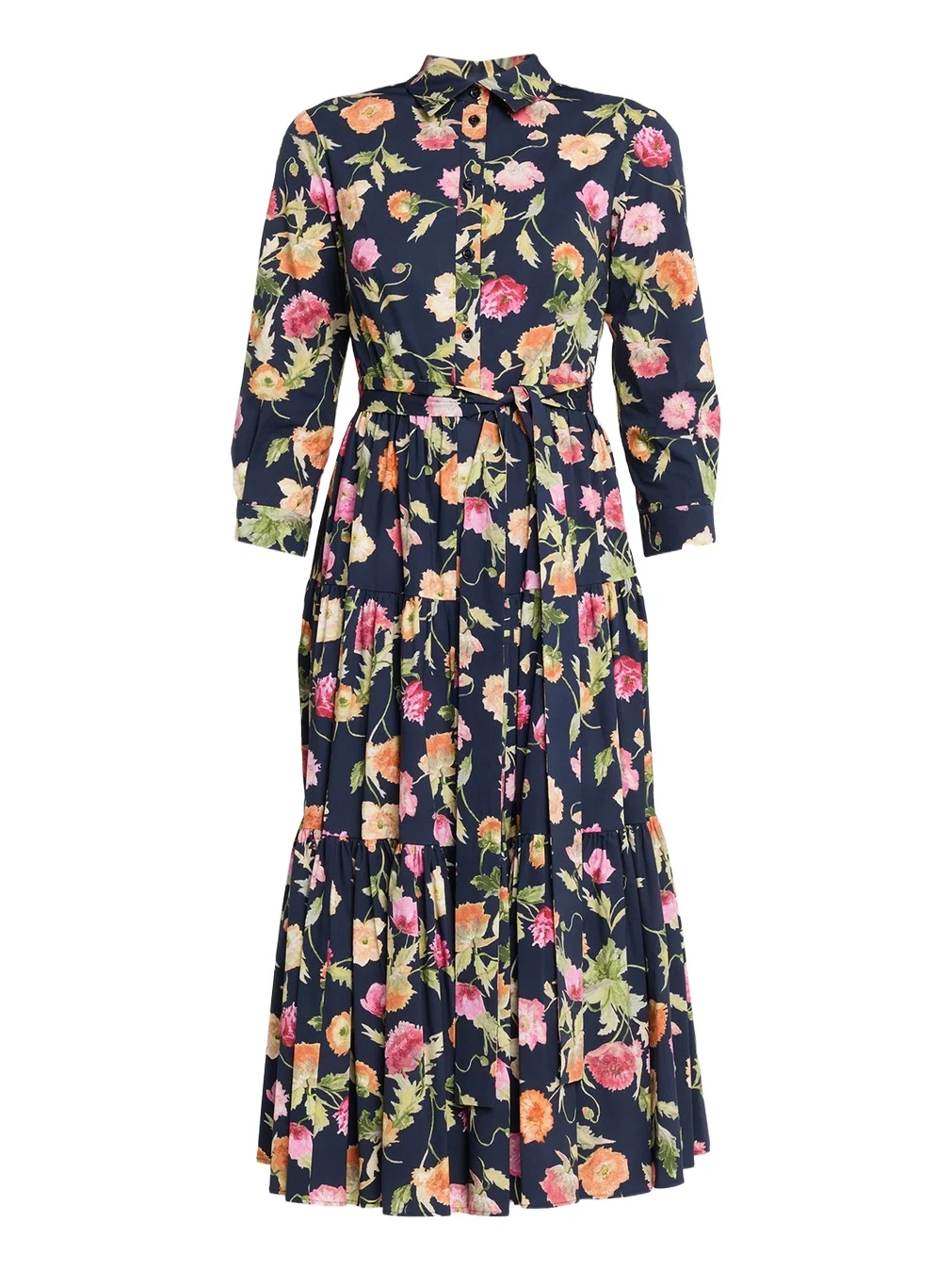 Belted 3/4-Sleeve Floral Cotton Midi Shirt Dress