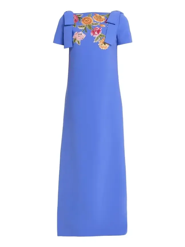 Embroidered Bow-Shoulder A-Line Gown
