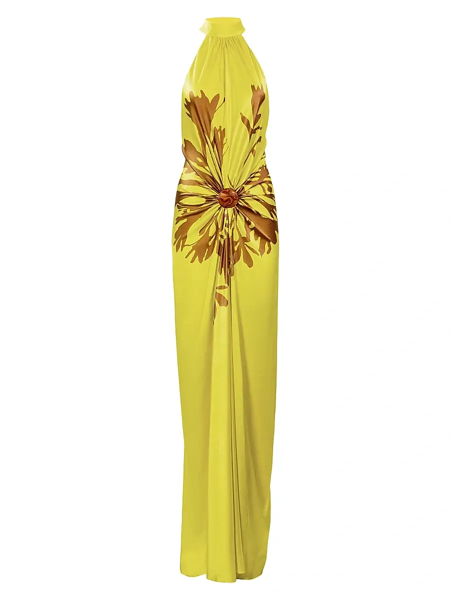 Women's Koori Dandelion Print Silk Gown - Yellow Dandelion Women's Koori Dandelion Print Silk Gown - Yellow Dandelion