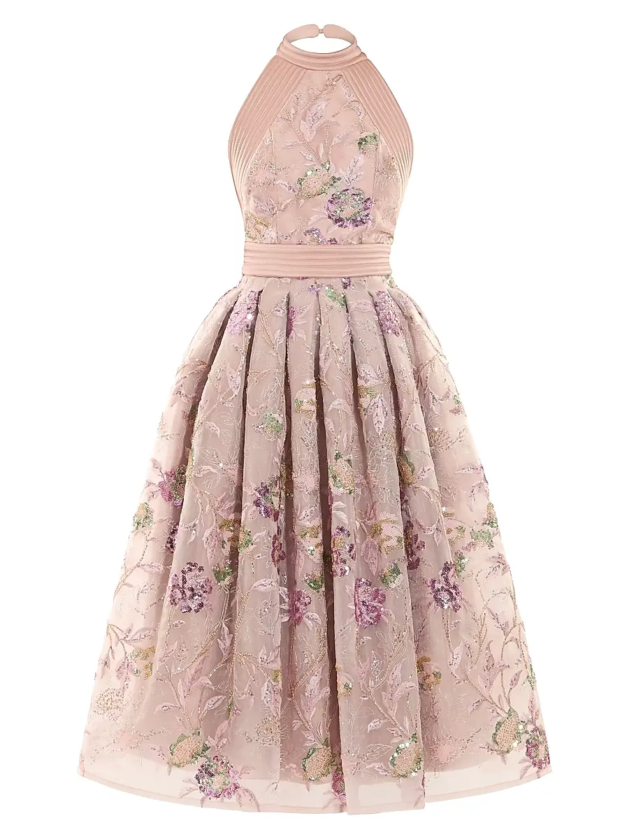 Zhivago Women's Bertolini Floral-Embroidered Fit-&-Flare Midi-Dress - Beige | Image 1 Zhivago Women's Bertolini Floral-Embroidered Fit-&-Flare Midi-Dress - Beige | Image 1