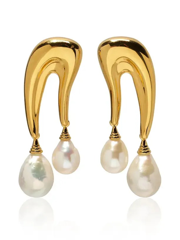 Sculptural Gold-Plated Brass Pearl Earrings