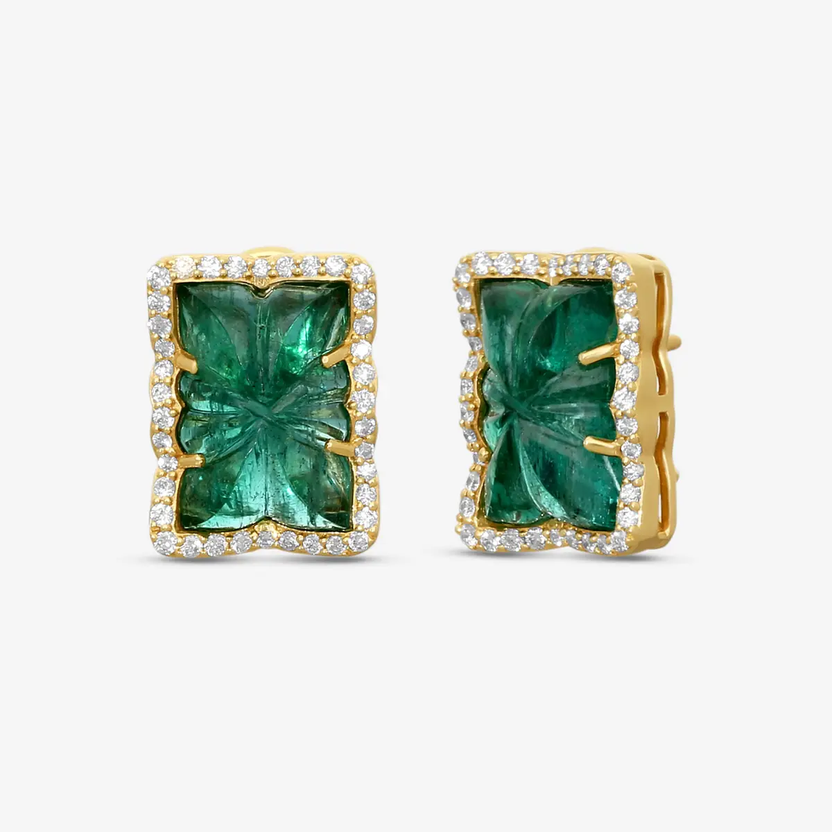 GOSHWARA Goshwara G-One 18K Yellow Gold Carved Emerald & Diamond Earrings by The Solist | Thumbnail 2