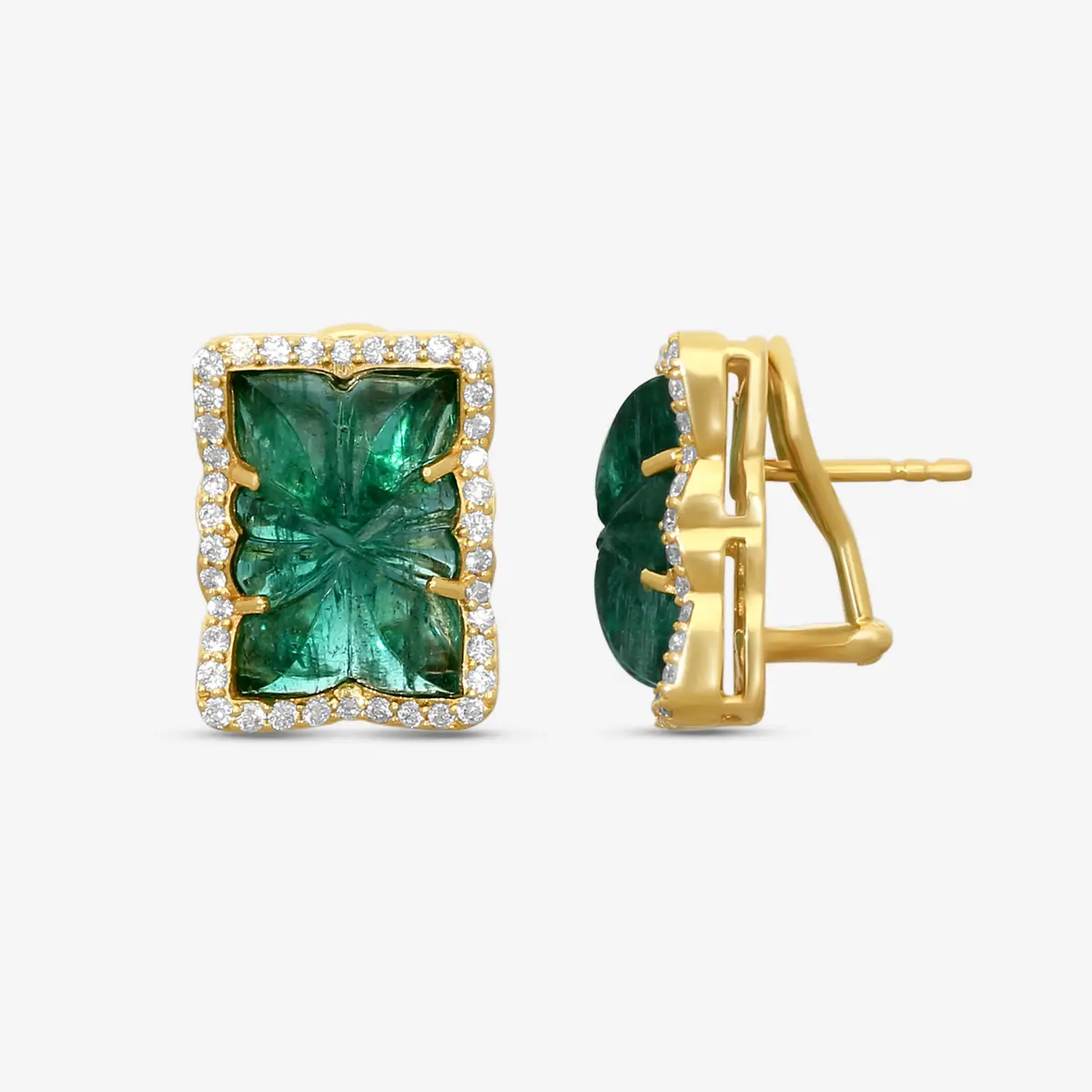 GOSHWARA Goshwara G-One 18K Yellow Gold Carved Emerald & Diamond Earrings by The Solist | Thumbnail 3