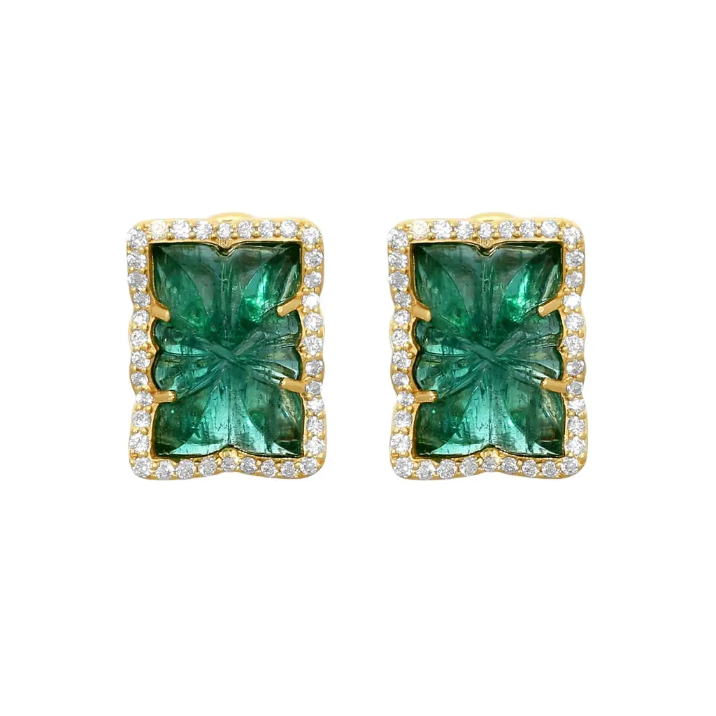 GOSHWARA Goshwara G-One 18K Yellow Gold Carved Emerald & Diamond Earrings by The Solist