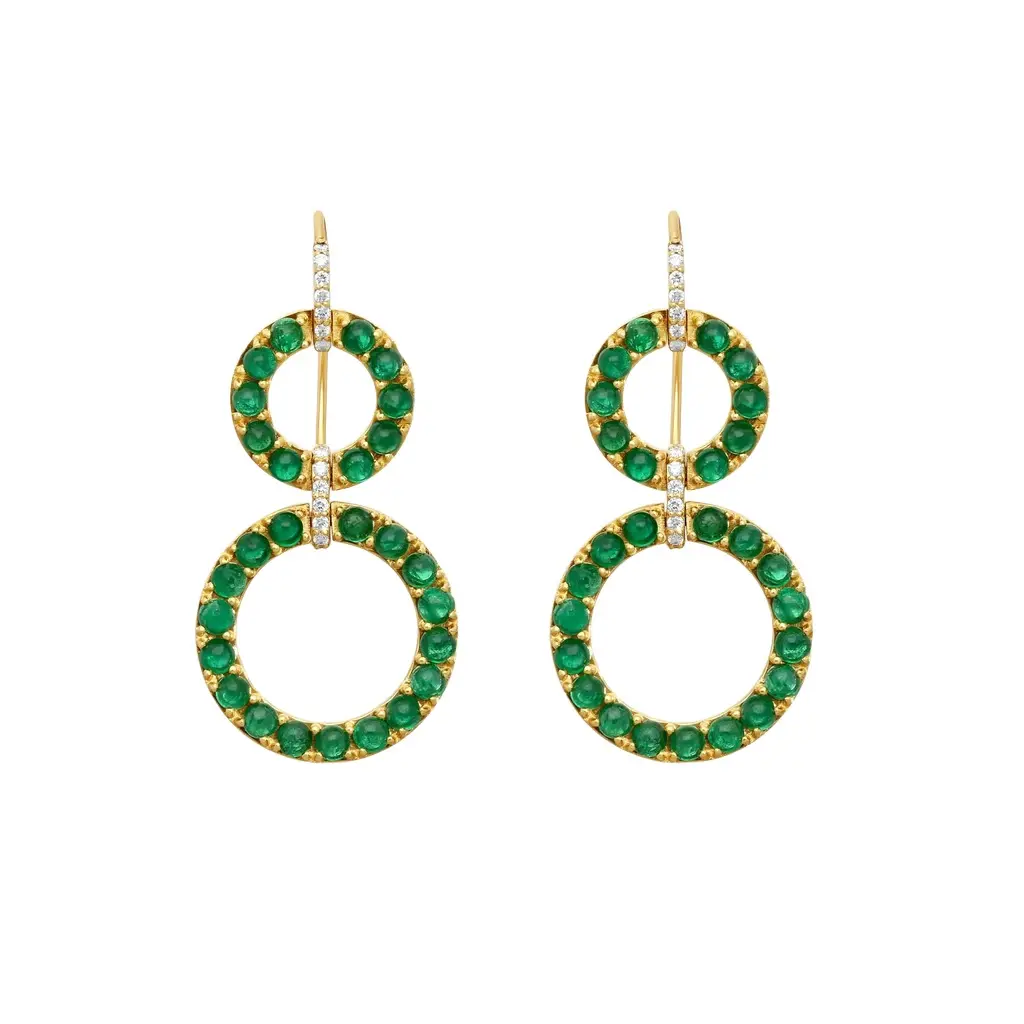 GOSHWARA Goshwara G-One 18K Yellow Gold Emerald Cabochon & Diamond Two-Row Earrings by The Solist