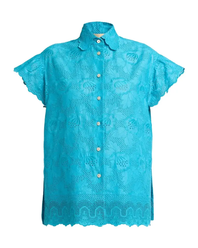 Valentino Garavani Eyelet Embroidered Short-Sleeve Button-Down Shirt | Image 1 Valentino Garavani Eyelet Embroidered Short-Sleeve Button-Down Shirt | Image 1