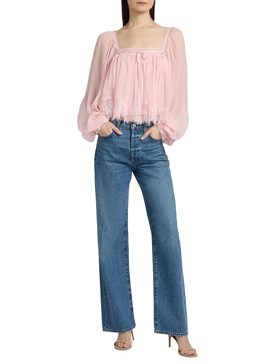 LoveShackFancy Women's Ebbie Silk Pleated Blouse | Thumbnail 2