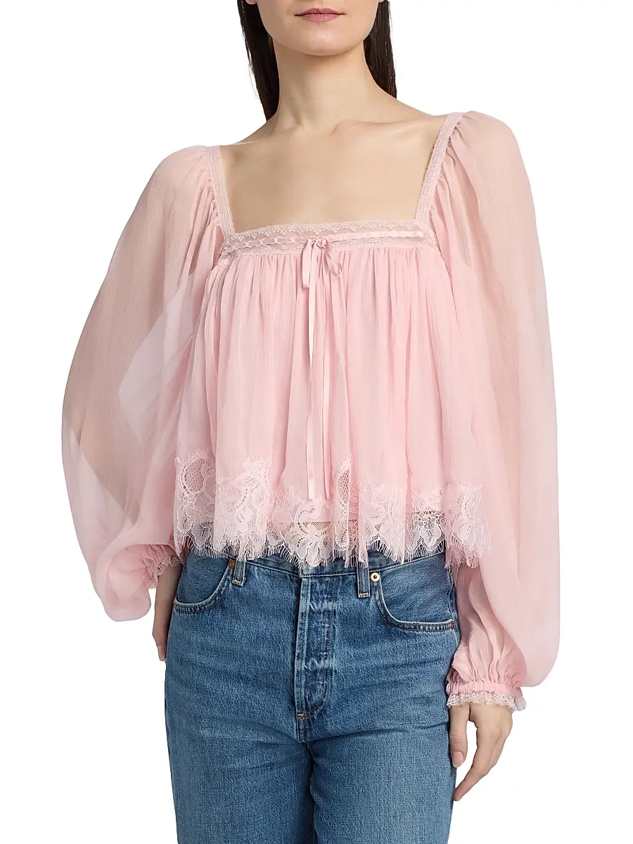 LoveShackFancy Women's Ebbie Silk Pleated Blouse | Thumbnail 3
