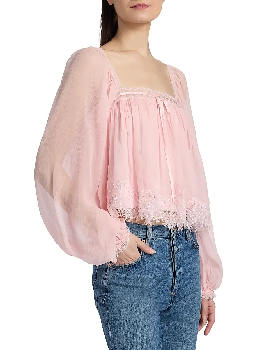 LoveShackFancy Women's Ebbie Silk Pleated Blouse | Thumbnail 4