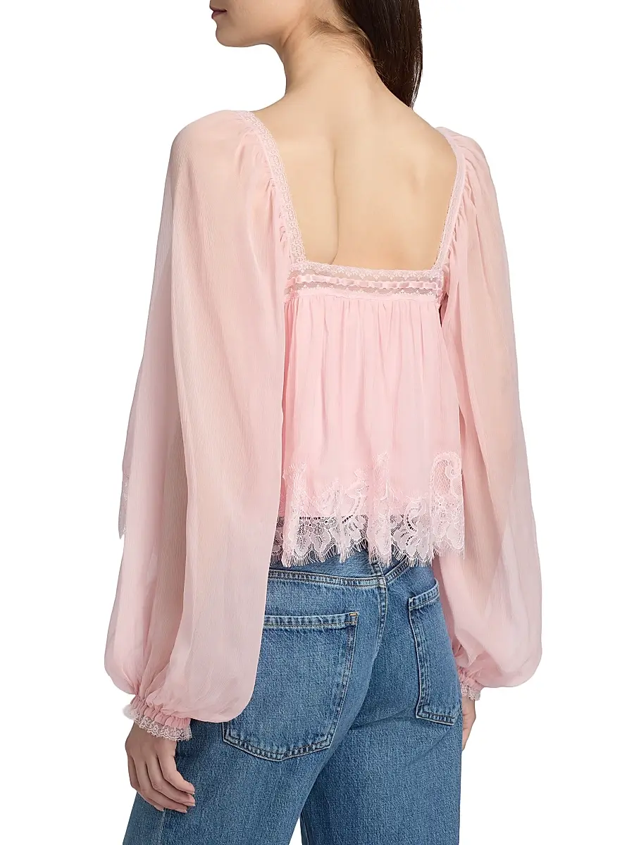 LoveShackFancy Women's Ebbie Silk Pleated Blouse | Thumbnail 5