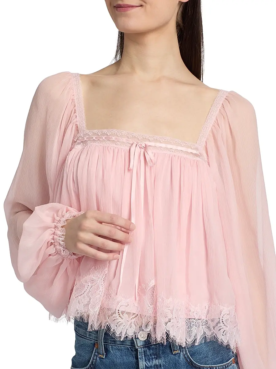 LoveShackFancy Women's Ebbie Silk Pleated Blouse | Thumbnail 6