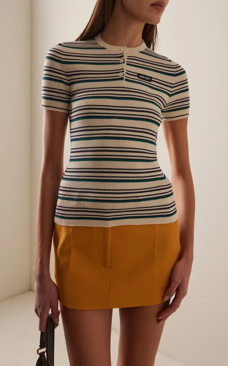 Miu Miu Striped Cotton Henley Top | Thumbnail 3 Miu Miu Striped Cotton Henley Top | Thumbnail 3