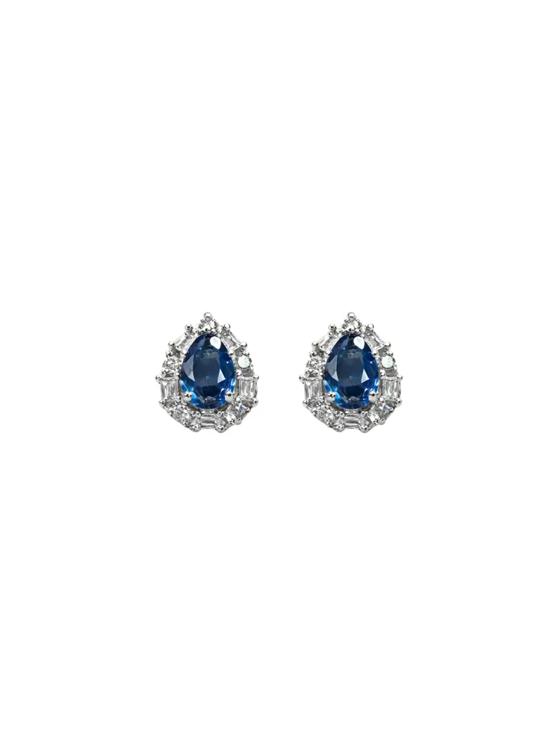 1.04ct Diamond Blue Sapphire 18K Gold Sunburst Pear Stud Earrings 1.04ct Diamond Blue Sapphire 18K Gold Sunburst Pear Stud Earrings