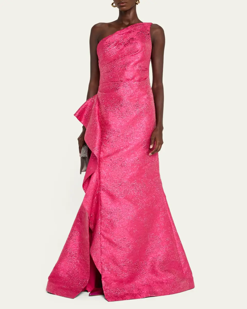 Rickie Freeman for Teri Jon One-Shoulder Metallic Jacquard Trumpet Gown | Thumbnail 2 Rickie Freeman for Teri Jon One-Shoulder Metallic Jacquard Trumpet Gown | Thumbnail 2