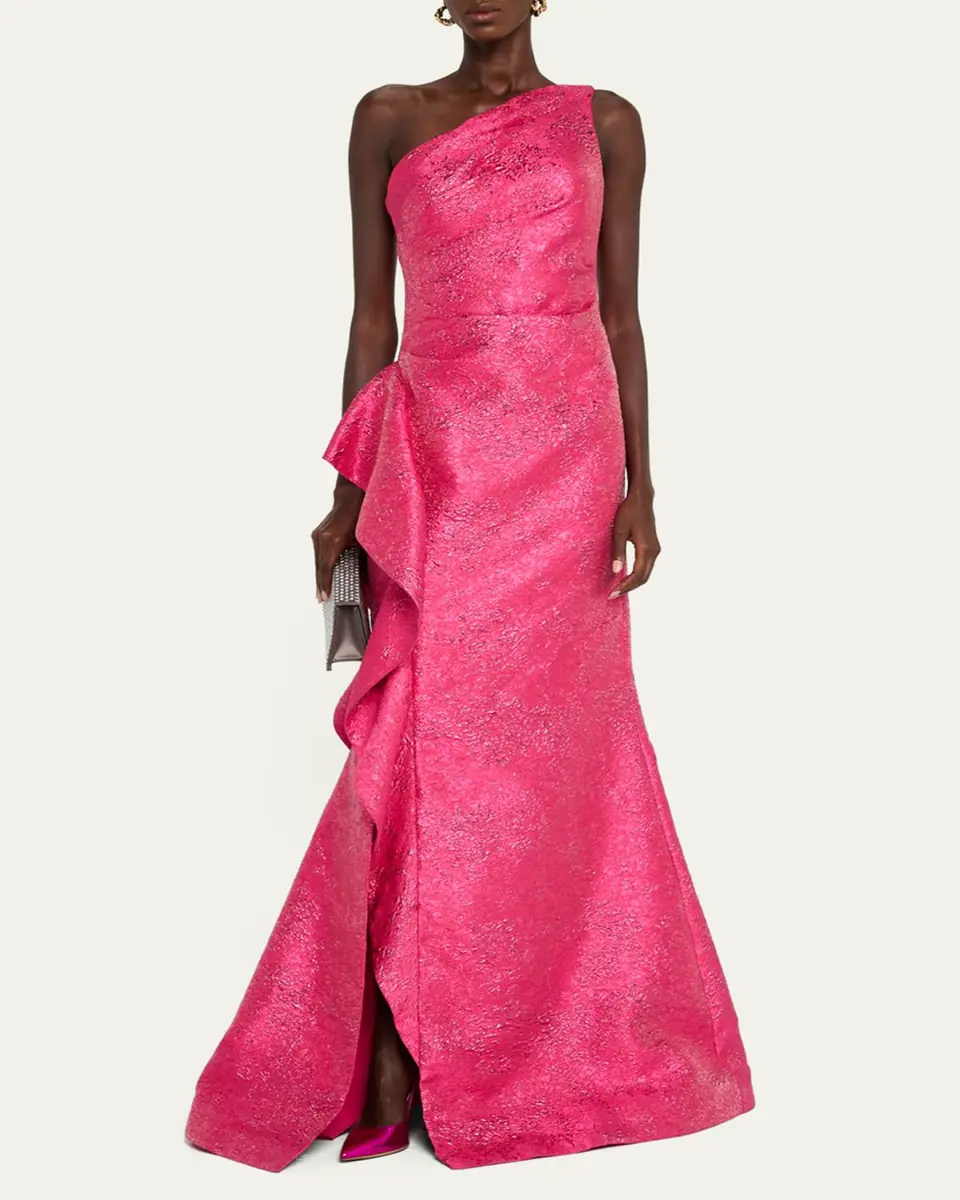Rickie Freeman for Teri Jon One-Shoulder Metallic Jacquard Trumpet Gown | Thumbnail 4 Rickie Freeman for Teri Jon One-Shoulder Metallic Jacquard Trumpet Gown | Thumbnail 4