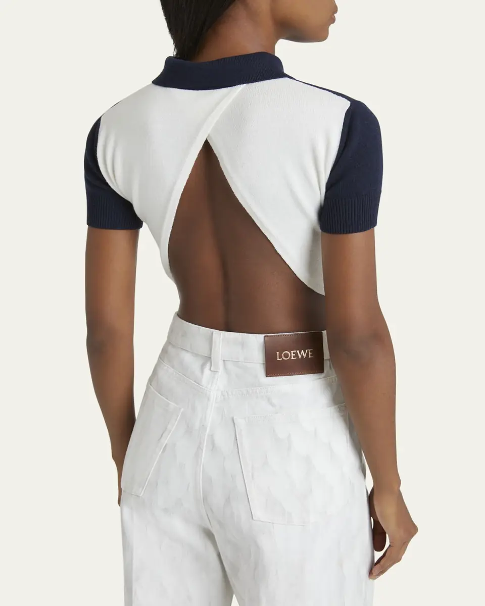 Loewe Colorblock Cropped Backless Wool Cashmere Polo Sweater with Self-Tie | Thumbnail 3