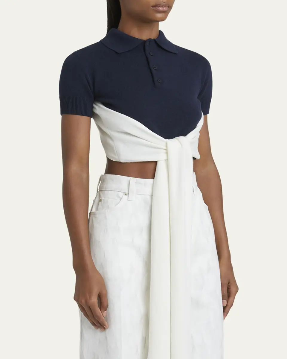 Loewe Colorblock Cropped Backless Wool Cashmere Polo Sweater with Self-Tie | Thumbnail 4