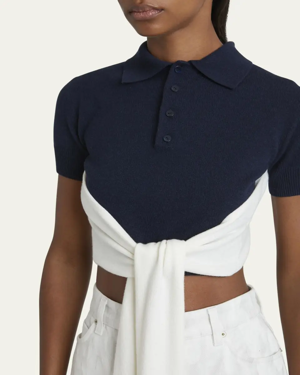 Loewe Colorblock Cropped Backless Wool Cashmere Polo Sweater with Self-Tie | Thumbnail 5